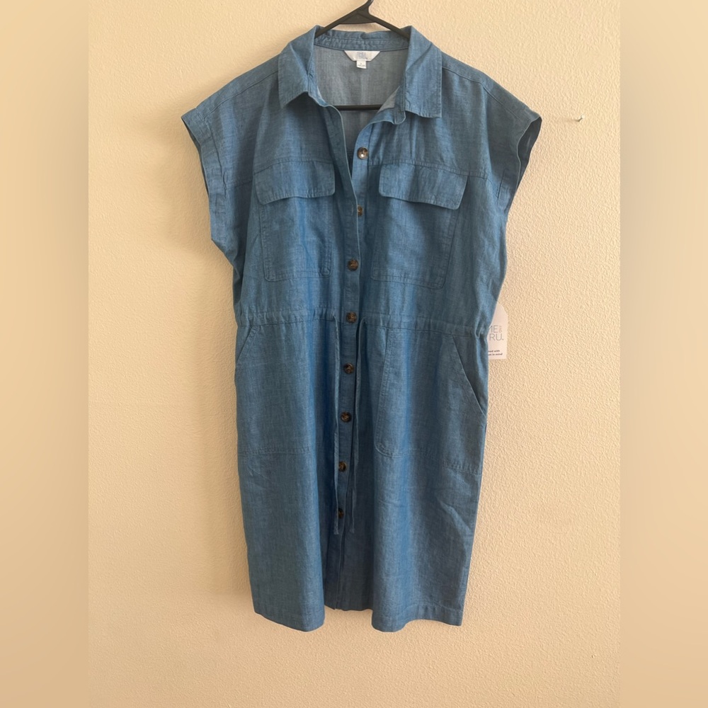 Time and Tru Women's Short Sleeve Woven Knee Length Cinch Waist Shirt Dress L